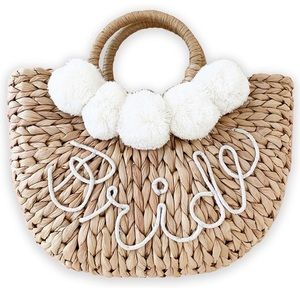Bride Drawstring Pom Pom Straw Drawstring Bag